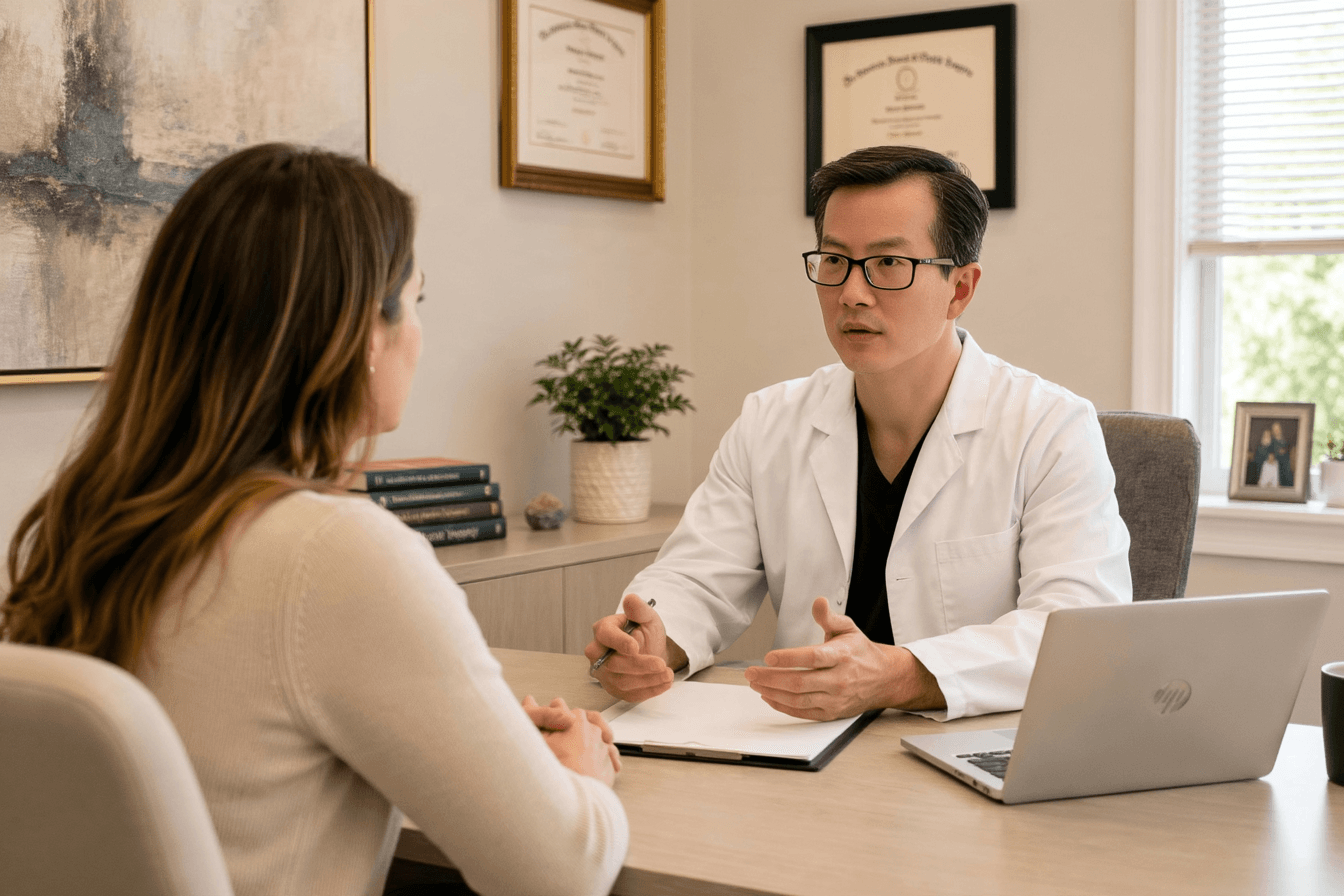 A surgeon in consultation with a patient